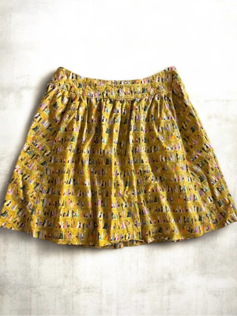 Vintage Inspired Novelty Crowd Print Skirt Yellow Cotton A-Line Pleated Pockets